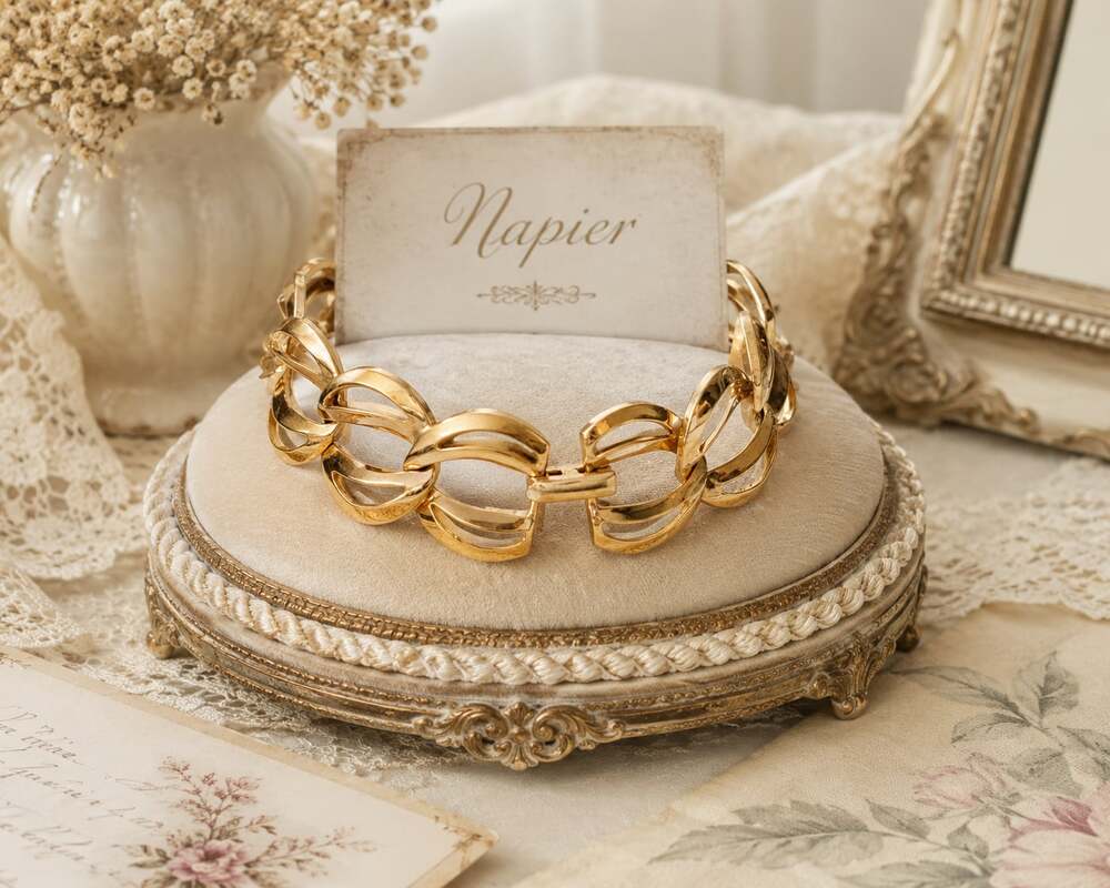 Vintage Napier Geometric Open Work Curb Link Gold Tone Bracelet